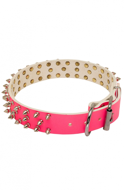 Pink Leather Spiked Girl Dog Collar with 3 Rows of Spikes - Old Mill Store