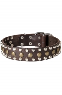 Leather Dog Collar with 3 Rows Pyramids and Studs